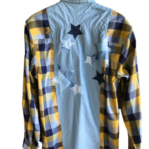 Mixed Plaid Button-Down Shirt: Upcycled Boho Top, Applique Stars, Funky Grunge - Picture 7 of 12